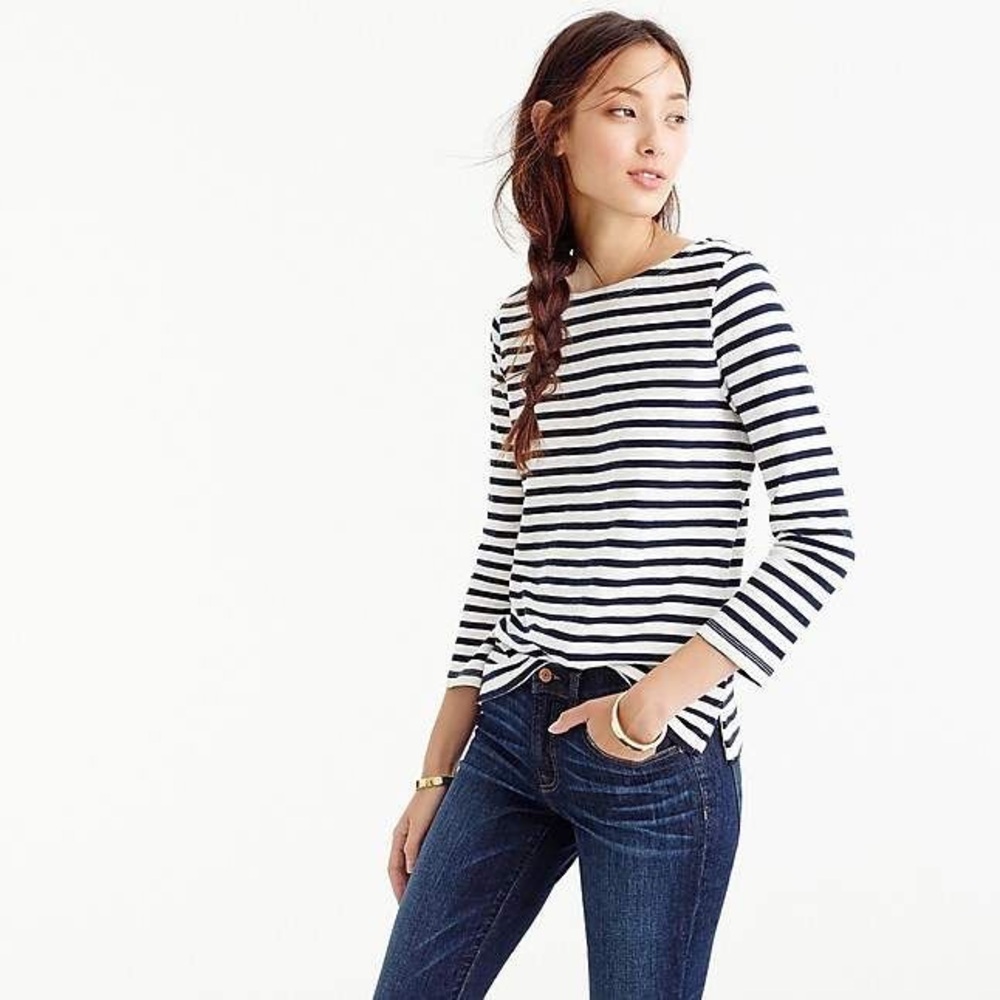 J. Crew Navy and White Long Sleeve Horizontal Stripe Top - XS